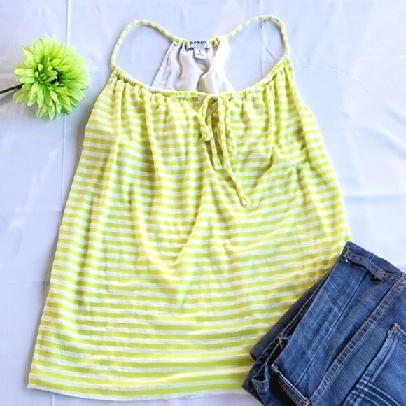 OLD NAVY GREEN YELLOW WHITE STRIPED HALTER MEDIUM KNIT BEACHY COASTAL SUMMER - Picture 1 of 10